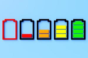 Illustrazione 3d di un primo piano di batterie multicolori su sfondo blu. un modo pericoloso per utilizzare l'energia. foto