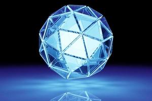 Illustrazione 3d di una sfera di illuminazione blu con molte facce, cristalli sparpagliati su uno sfondo. sfera cibernetica foto