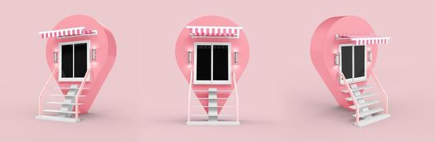 rosa crema edificio negozio apertura tettoia, tenda parasole tenda isolata su sfondo rosa pastello, tetto, modello per design, pubblicità, rendering 3d foto