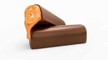 barretta di cioccolato con caramello dolce che si scioglie, barretta di cioccolato rotta con ripieno di caramello illustrazione 3d foto