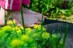 i piedi dei bambini di un bambino senza scarpe in estate sull'erba foto