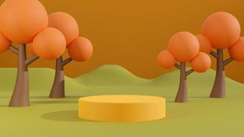sfondo autunnale, podio di presentazione del prodotto concept con collina e albero su sfondo arancione. rendering 3D foto