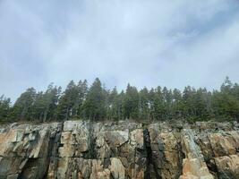 alte scogliere rocciose sulla riva con alberi nel Maine foto