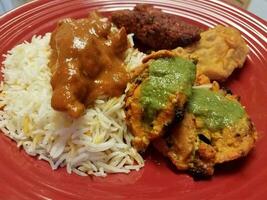 cibo indiano pollo, riso e salse su un piatto foto