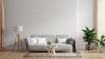 mockup della parete interna del soggiorno con divano con decorazioni su sfondo bianco. foto