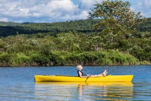 fiume calmo e donna che si distendono in kayak