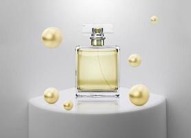 bottiglia di profumo con perle dorate su spazio bianco interno. per esposizione o esposizione di prodotti. rendering 3d foto