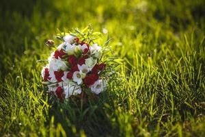 bouquet di rose rosse e bianche fiori sull'erba con sole serale foto