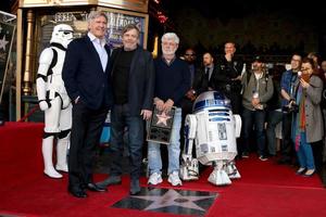 los angeles - mar 8 Harrison Ford, Mark Hamill, George Lucas alla cerimonia della stella Mark Hamill sulla Hollywood Walk of Fame l'8 marzo 2018 a los angeles, ca foto