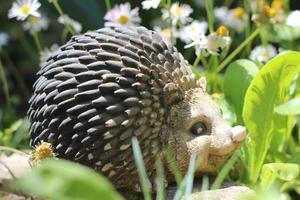 ritratto di un riccio animale in giardino in fiori, scultura decorativa per il giardino foto