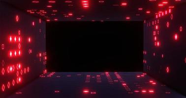 sfondo luminoso della stanza digitale. corridoio futuristico con simboli elettrici rossi e spazio rettangolare nero di rendering 3d. hangar cyberspazio con visualizzazione techno foto