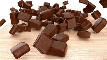 pezzi di cioccolato che cadono e scivolano sull'illustrazione 3d del vassoio di legno chiaro foto