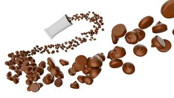 dispersione di gustose gocce di cioccolato che fuoriescono dall'illustrazione 3d del pacchetto di snack foto