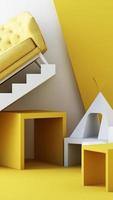sedie di colore giallo, divano, poltrona in uno sfondo vuoto. circondato da forma geometrica concetto di minimalismo installazione art. rappresentazione 3d mock up foto