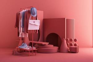 manichini per abiti un appendiabiti circondato da borsa e oggetti di scena con forma geometrica sul pavimento in colore rosa e blu. rendering 3D foto