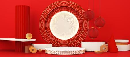 vetrina rossa e bianca del prodotto del podio di stile cinese del nuovo anno con l'oro e il regalo, la lanterna, priorità bassa di scena del modello della porcellana. Concetto di festival tradizionale per le vacanze dell'anno della tigre 2022. rendering 3D foto