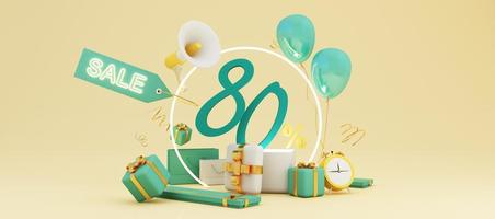 design banner grande sconto con frase di testo in vendita su sfondo verde e giallo con confezione regalo, borsa carrello e sveglia elementi megafono con supporto prodotto rendering 3d foto