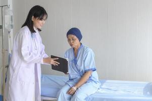 donna malata di cancro che indossa una sciarpa per la testa dopo la consulenza di chemioterapia e visita medica in ospedale.. foto