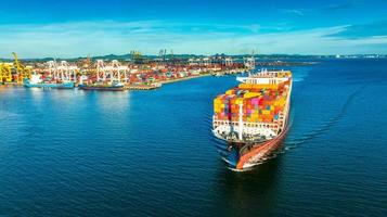 vista laterale aerea della nave da carico che trasporta container e funziona per l'esportazione di merci dal porto del cantiere merci al trasporto tecnologico personalizzato sull'oceano, sdoganamento. foto