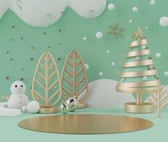 La scena di rendering 3d del concetto di vacanza di Natale decora con albero e mostra il podio o il piedistallo per il mock up e la presentazione dei prodotti.