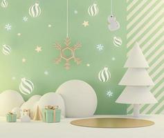 La scena di rendering 3d del concetto di vacanza di Natale decora con albero e mostra il podio o il piedistallo per il mock up e la presentazione dei prodotti. foto