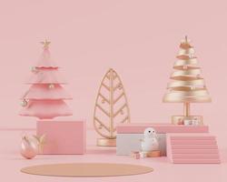 La scena di rendering 3d del concetto di vacanza di Natale decora con albero e mostra il podio o il piedistallo per il mock up e la presentazione dei prodotti. foto