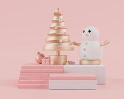 La scena di rendering 3d del concetto di vacanza di Natale decora con albero e mostra il podio o il piedistallo per il mock up e la presentazione dei prodotti.