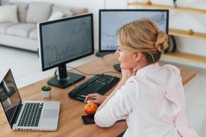 monitoraggio del mercato. agente di borsa femminile in abbigliamento formale sta lavorando in ufficio foto