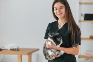 tenendo l'animale tra le mani. simpatico coniglietto è nello studio di toelettatura foto