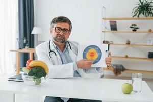 l'uomo sta mostrando l'illustrazione. concezione della dieta. l'operatore medico professionista in camice bianco è in ufficio foto