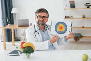 tenendo l'illustrazione del piano di dieta. l'operatore medico professionista in camice bianco è in ufficio foto