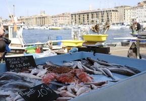 pesce fresco in vendita al vieux port di marsiglia, francia foto