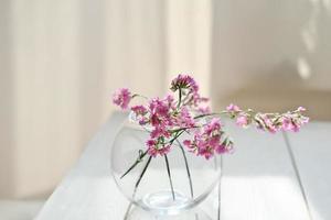 delicati fiori rosa in vaso di vetro rotondo. estetica primaverile. messa a fuoco selettiva. arredamento per la casa in stile minimal. tavolo in legno bianco