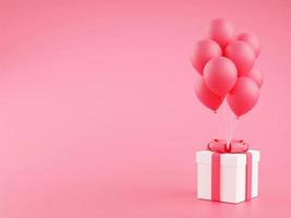 confezione regalo con palloncini illustrazione di rendering 3d - pacchetto presente con un mazzo di palloncini volanti su sfondo rosa pastello. foto