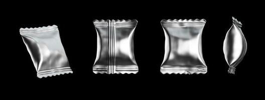 confezioni di lamina di caramelle metallizzate argento vuote per il design dell'imballaggio. illustrazione 3d foto