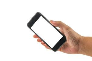 mano femminile che tiene il telefono cellulare astuto bianco dello schermo in bianco foto