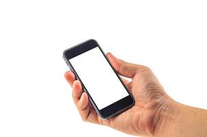 mano maschio che tiene il telefono cellulare astuto bianco dello schermo in bianco foto