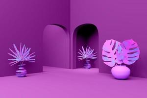 camera con vaso di fiori in composizione viola o viola per display moderno e mockup minimalista, sfondo astratto vetrina, illustrazione 3d concettuale o rendering 3d foto