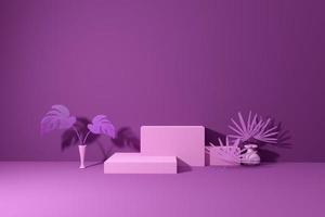 podio con forme geometriche vuote in composizione viola o viola per la visualizzazione scenica moderna e mockup minimalista, sfondo astratto della vetrina, illustrazione 3d concettuale o rendering 3d foto