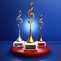 premio musicale d'oro con una chiave di violino su sfondo blu, illustrazione 3d foto