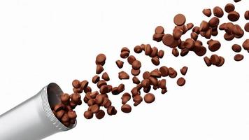 gocce di cioccolato che fuoriescono dalla confezione di snack nell'illustrazione 3d, mucchio di più bocconcini di caramelle foto