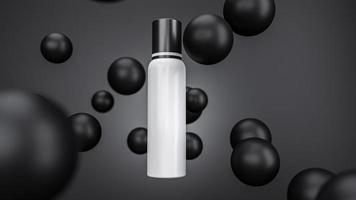 flacone spray cosmetico in argento bianco sfere nere sfera sfondo isolato mockup cosmetico realistico. confezioni per prodotto. modelli vuoti di contenitori bottiglia per gel doccia illustrazione 3d foto