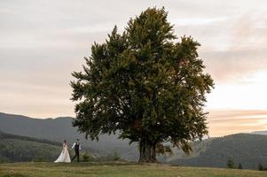 felice sposa e sposo alla moda che corrono e si divertono in montagna in una giornata di sole estivo foto