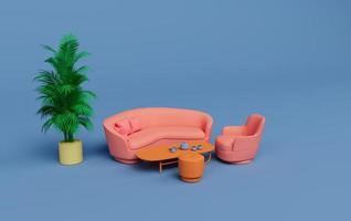 soggiorno divano color rosa con tavolino e piante rendering 3d su sfondo color cactus foto