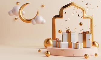 podio del prodotto minimo con scatole regalo presenti in stile islamico di cultura tradizionale ramadan o eid mubarak su sfondo color corallo. concetto di festa e festival arabo. rendering di illustrazioni 3d foto