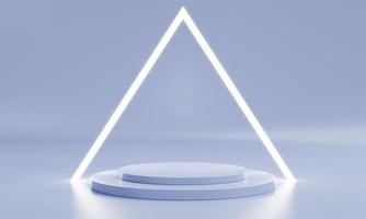 podio prodotto minimale con luce ad anello triangolare in colore bianco viola pastello e forma geometrica per lo sfondo della presentazione. sfondo astratto e modello di scena. rendering di illustrazioni 3d foto