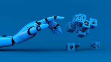 il robot blu gestisce a mano l'icona aziendale, l'IA e l'assistente alla tecnologia della macchina per l'industria
