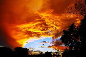 sfondo di cielo arancione e nuvole al mattino presto con silhouette di alberi foto