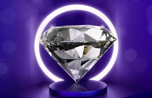 diamante abbagliante su sfondo viola scuro e neon scintillante e anelli di vetro trasparente foto