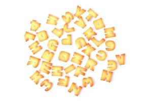 carattere cracker, alfabeto del carattere del biscotto isolato su priorità bassa bianca. vista dall'alto. foto